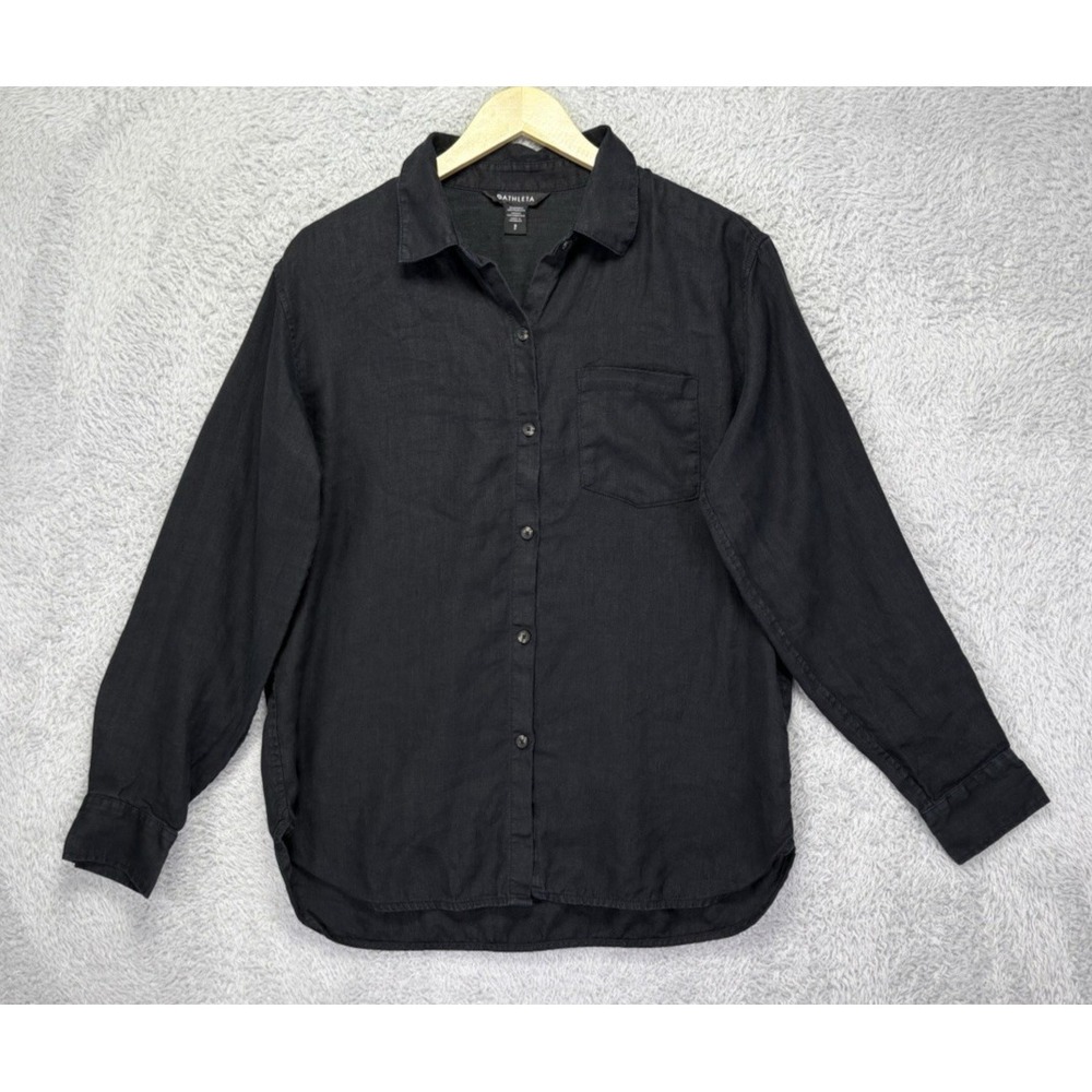 Athleta Womens S Black 100% Linen Button Up Shirt Long Sleeve Relaxed Casual
